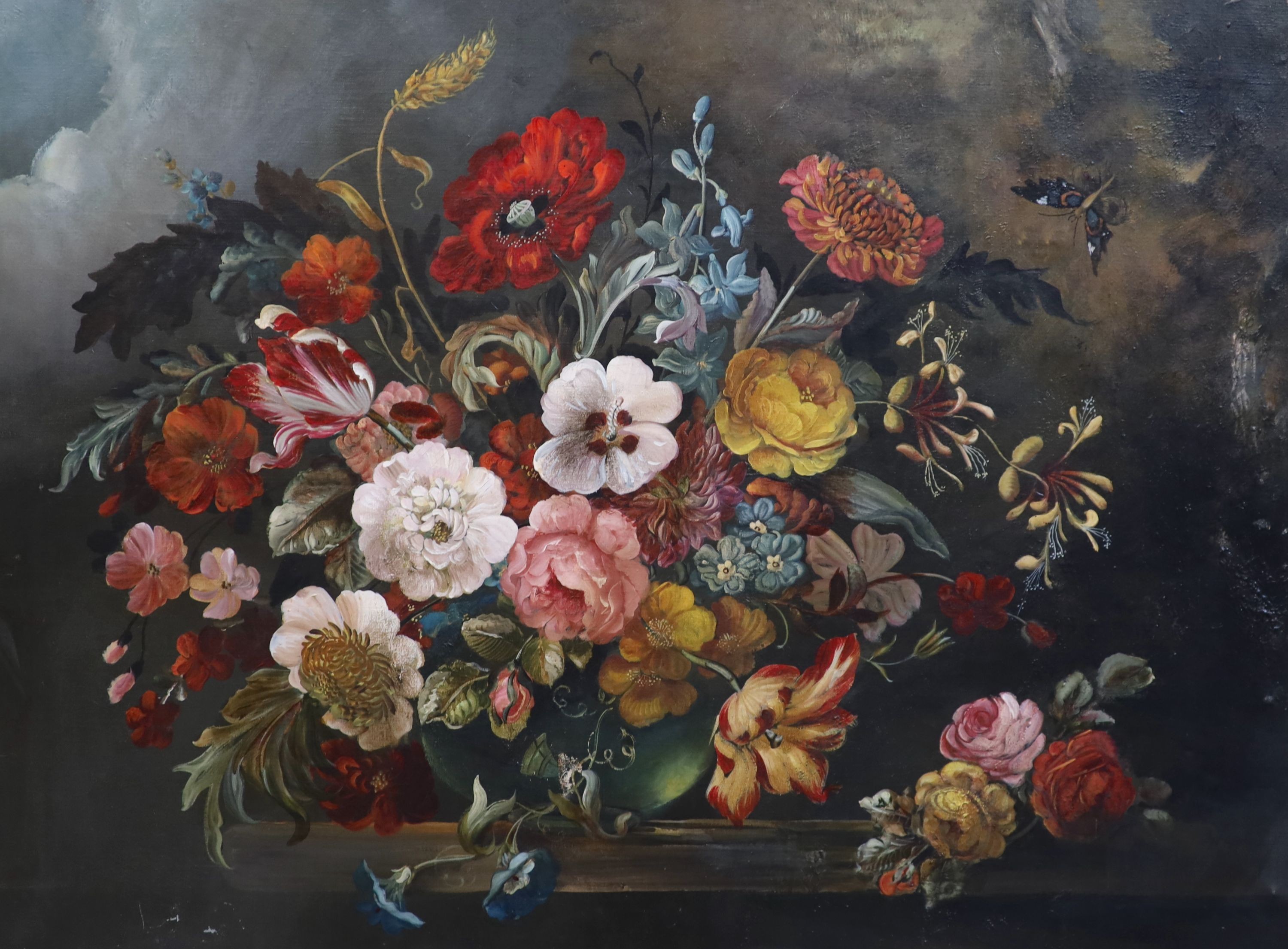English School c.1900 , Still life of flowers in a vase upon a ledge, oil on canvas, 75 x 100cm